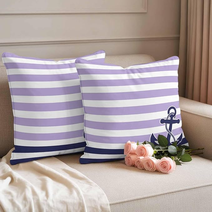 Throw Pillow Covers 20x20 Inch Set of 2, Anchor Purple Waterproof Outdoor Cushion Covers, Modern Navy Blue White Striped Nautical Decorative Pillowcases for Couch, Sofa, Bed, Garden, Patio
