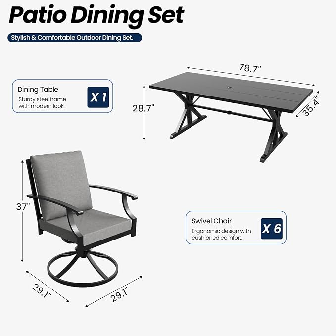 7 Piece Outdoor Dining Set for 6, Metal Patio Table and Chairs with Cushions, Patio Furniture Set with 6 Swivel Chairs, Rectangular Metal Dining Table with Umbrella Hole, Lawn Deck Yard-Grey