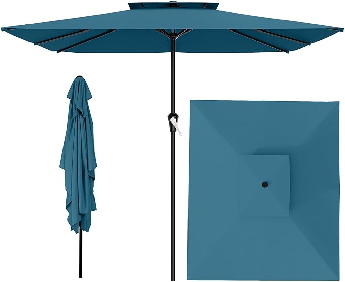AreShark 8'x10' 2 Tiers Rectangular Patio Umbrella - Outdoor Umbrella Waterproof UV Protection, Market Table Umbrella w/Crank for Pool, Backyard, Deck(Lake Blue)