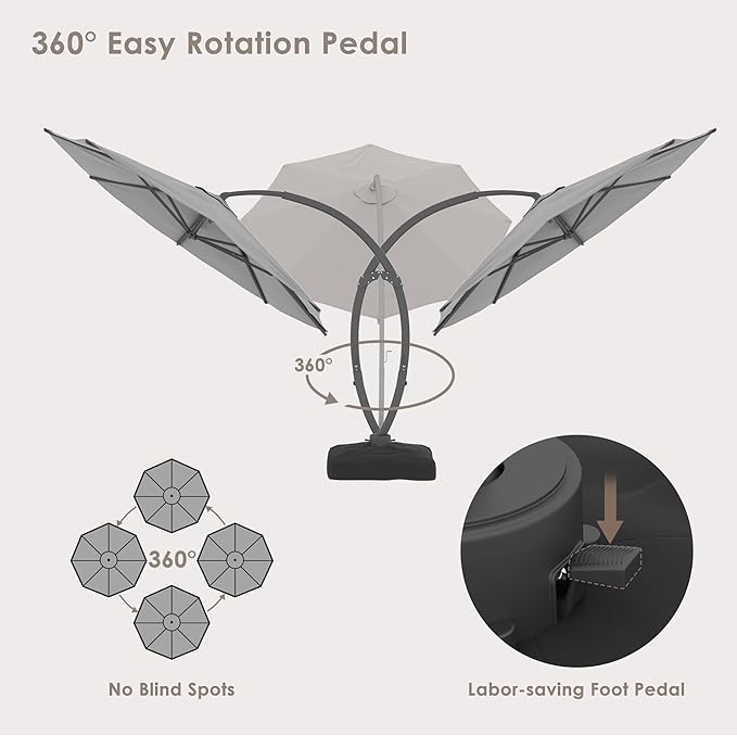 ENSTVER 11FT Cantilever Patio Umbrella With Base Included, Round Large Aluminum Outdoor Cantilever, Heavy Duty Offset Umbrella with 360°Rotation for Pool, Deck, Backyard, Garden(Grey)