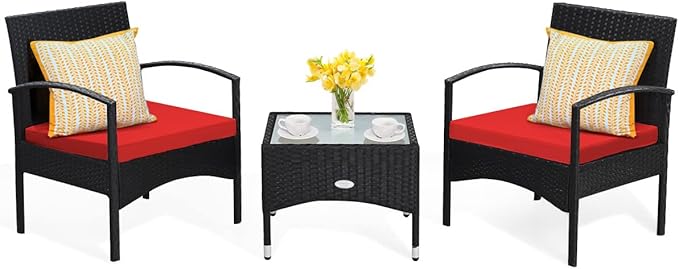 Tangkula 3 Pieces Patio Wicker Rattan Furniture Set, Rattan Chair with Coffee Table, High Load Bearing Chair Conversation Sets for Patio Garden Lawn Backyard Pool