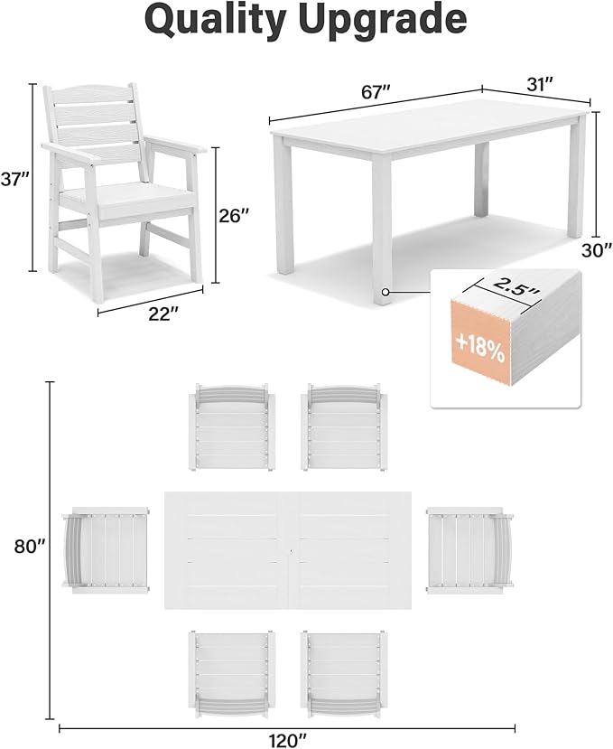 YEFU Patio Dining Sets 7-Piece: All-Weather Outdoor Table and Chairs with Umbrella Hole & Aluminum Frame - HIPS Patio Dining Set for 6 Modern Outside Furniture for Family Meals in Deck/Pool White