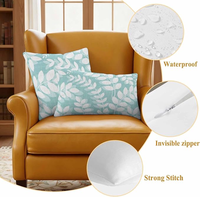 Pale Teal Leaves Outdoor Waterproof Throw Pillow Covers 20x20 Set of 2, Farmhouse Botanical Branch Vintage Boho Leaf Decorative Pillowcases Cushion Pillowcase for Couch Sofa Patio Pillow Protector