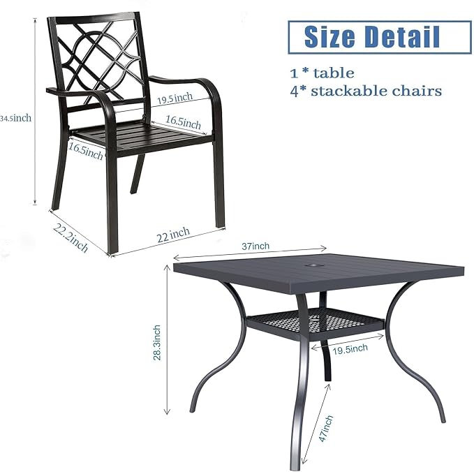 Crownland 5 Piece Patio Dining Set, 4 Stackable Metal Chairs and Square Outdoor Dining Table with 9FT Sky Blue Round Outdoor Umbrella (Metal Tabletop)