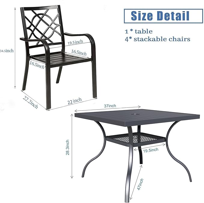 5 Pieces Patio Metal Furniture Outdoor Dining Set with 4 Stackable Bistro Chairs, 37'' x 37'' Metal Tabletop Square Table and 10Ft Sky Blue Umbrella