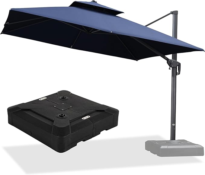 PURPLE LEAF 10ft Outdoor Cantilever Umbrella Base Included Large Patio Umbrella Double Top Square Offset Umbrella with 360°Rotation Tilting for Patio Navy Blue