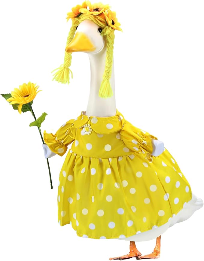 Summer Porch Goose Outfits for 23 Inch Lawn Statue | Polka Dots Sunflowers Costume for Plastic/Cement Statue, Spring Duck Sculpture Clothes for Yard Patio Party Decoration