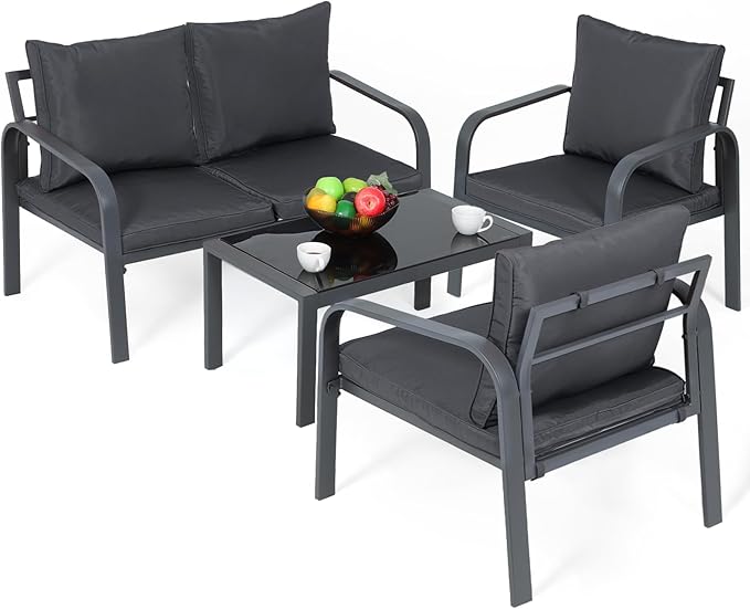 MoNiBloom 4 Pieces Outdoor Patio Furniture, All Weather Conversation Set with Tempered Glass Coffee Table for Garden Backyard Porch Balcony Poolside Deck Lawn, Loveseat Couch and Chairs with Cushions