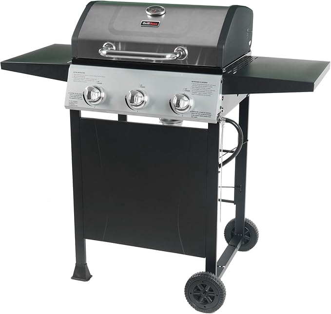Grill Boss 3 Burner Propane Gas Grill, Portable BBQ w/Lid, Wheels & Side Shelves, Black - Grilling Accessories and Equipment for Camping, Tailgating, Outdoor Barbecue and Cooking