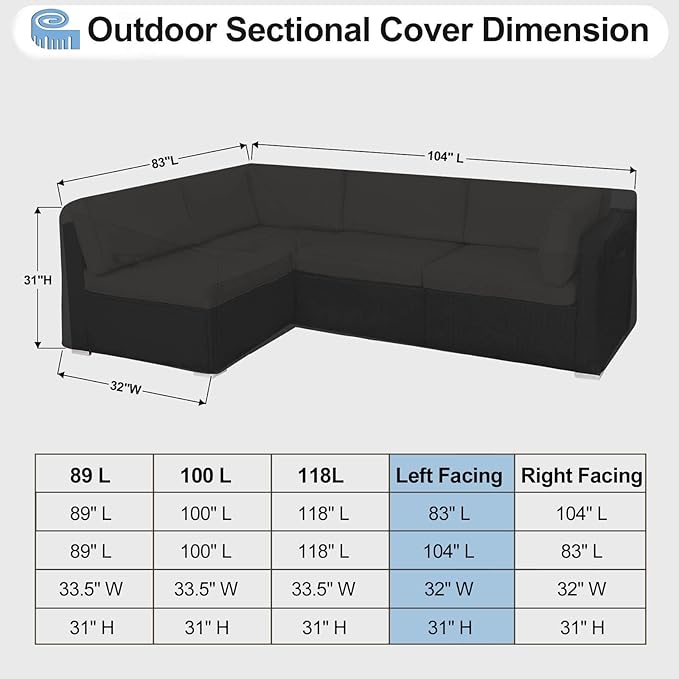 OutdoorLines Waterproof Outdoor Patio Sectional Cover - UV Resistant & Windproof L-Shaped Patio Furniture Covers for Deck, Lawn and Backyard, 420D Heavy Duty Couch Cover, Left Facing, 83"x104", Black