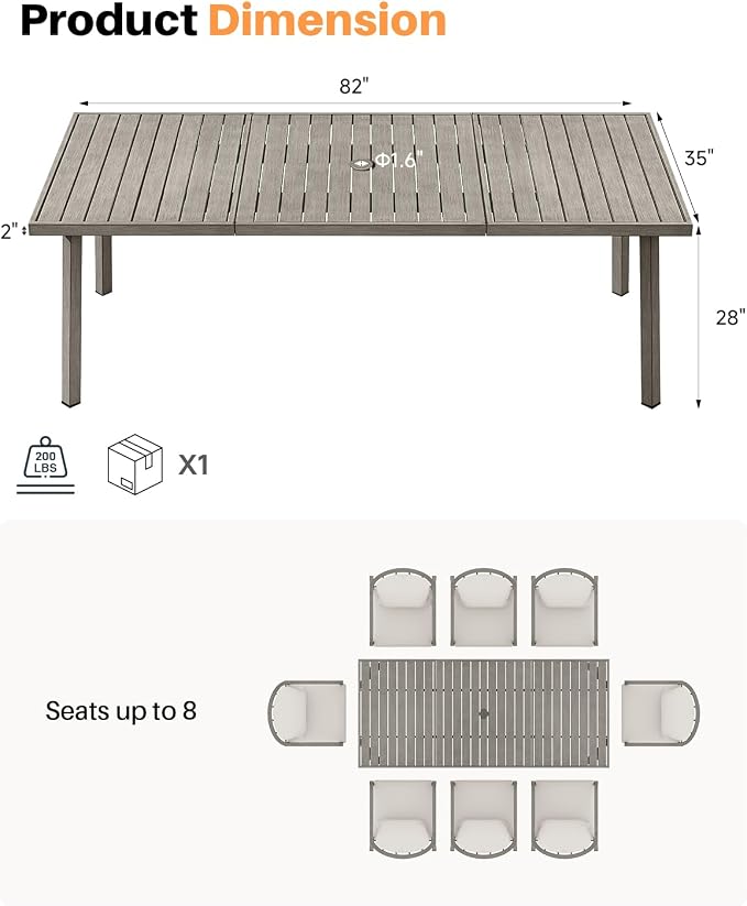 Outdoor Dining Table for 8, Never-Rust Aluminum Patio Dining Table, 82"×35" Large Rectangle Patio Table with Umbrella Hole, Outdoor Table with Wood-Like Texture for Deck, Porch, Gray Oak