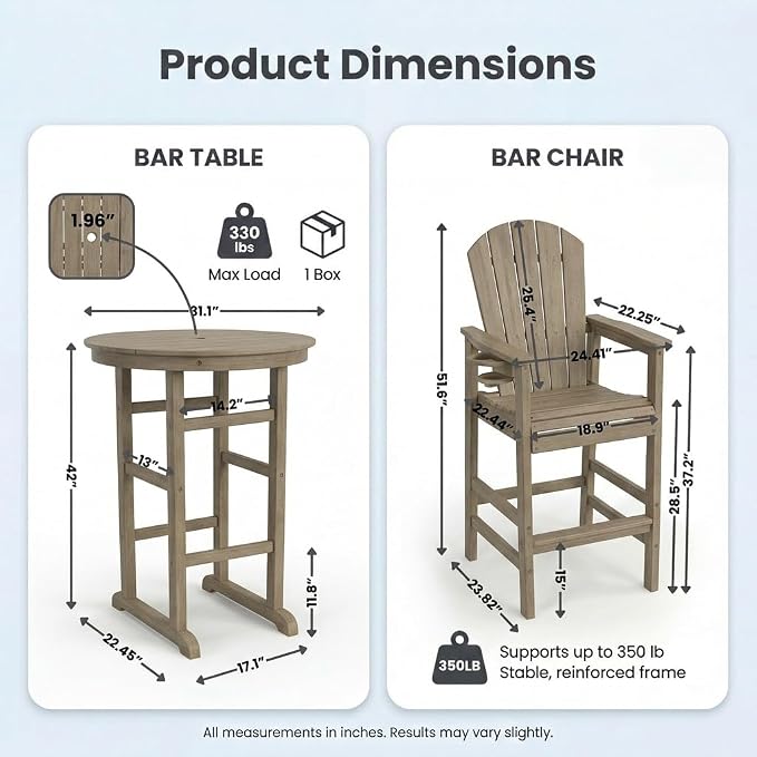 3-Piece HDPE Bar Height Table and Chairs Set, 31.1" Square High Top Pub Table with Umbrella Hole, 2 Adirondack Charis with Cup Holders, Outdoor Patio Dining Set for Bistro Backyard Deck Natural