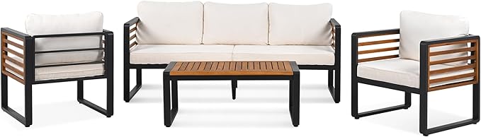 4-Pieces Outdoor Patio Sectional Sofa Set with Coffee Table, All-Weather 5 Person Conversation Set with Thick Cushions and Pillows for Garden Backyard Balcony, Acacia Wood Tabletop (Beige-N74)