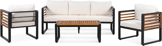 Merax 4-Piece Large Size Outdoor Conversation Sofa Set, Metal and Acacia Wood Frame Sofa with Removable Cushions, Waterproof & UV-Resistant, 5-Person Patio Furniture for Garden Backyard, Beige