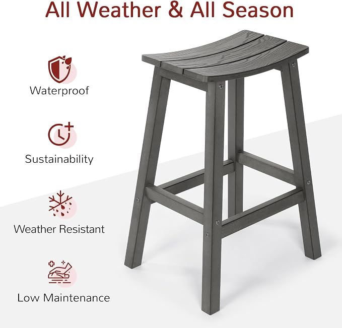 Stoog All-Weather Bar Stools Set of 4, 28" Outdoor Barstools with 400 lbs Capacity, Easy to Clean Low Maintenance HIPS Furniture, for Bar, Kitchen Counter & Patio, Grey