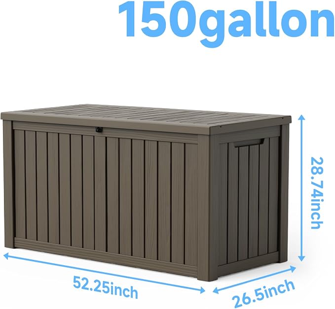 Pepe Tee 150 Gallon Waterproof Resin Deck Box, Outdoor Storage Bin for Patio Furniture Cushions, All-Weather Garden Organizer & Seating Bench, Coffee