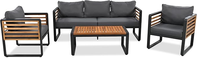 SOFTSEA 4-Piece Patio Acacia Wood Sofa Set, Outdoor Conversation Set with Heavy Duty Metal Frame & All Weather Cushions, Acacia Wood Sofa Set with Coffee Table for Balcony, Poolside, Grey