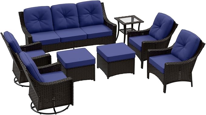 Stone Creek Outdoor Furniture Set with Swivel Rocking Chairs, Patio Chairs, 3 Seater Couch, Side Table & Ottomans, Wicker Patio Conversation Set, Balcony Furniture, 8 Piece, Brown/Blue
