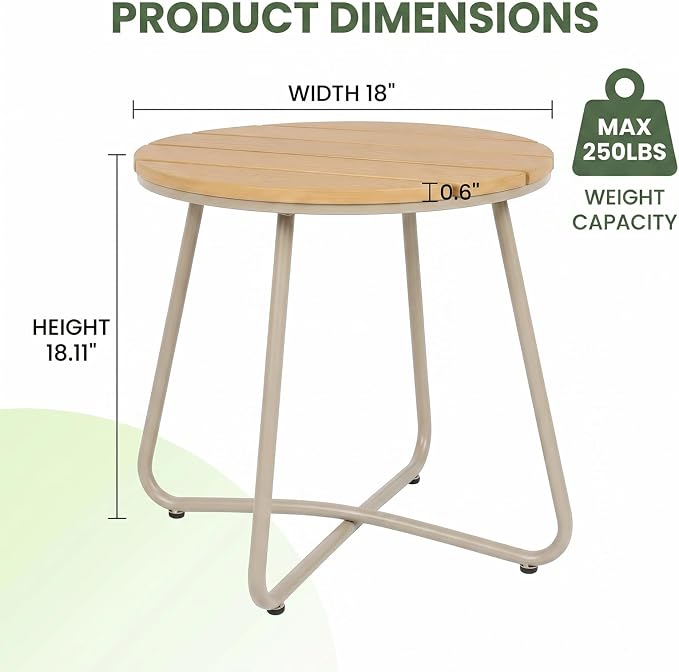danpinera Outdoor Side Tables, HDPS Patio Table with Metal Legs, 18 Inch Outdoor Small Round Table for Garden, Backyard, Porch, Deck, Balcony, Poolside, Natural