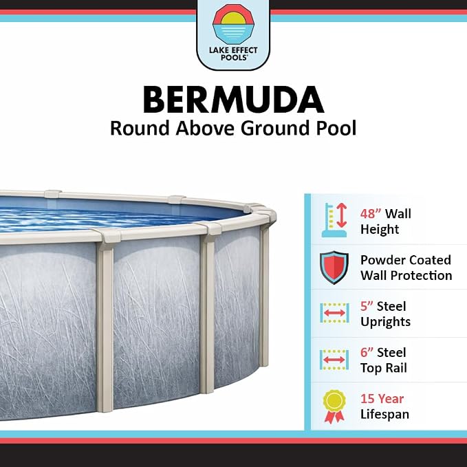 Lake Effect Pools 'Bermuda' 24 ft Round Above Ground Swimming Pool | 48 Inch Walls | 6" Steel Top Ledge | Bundle Includes: 25 Gauge Overlap Liner & Widemouth Skimmer