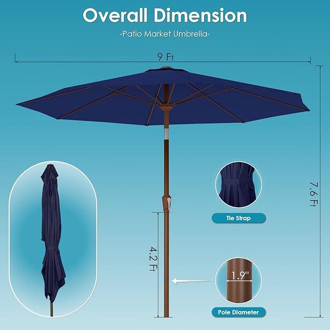 GREENVINES 9-FT-Patio-Umbrella | Outdoor-Table-Umbrellas | 8 Sturdy Fiberglass Ribs | Push Button Tilt & Crank | Waterproof | Market Umbrella | for Pool Backyard Garden Deck | Navy Blue