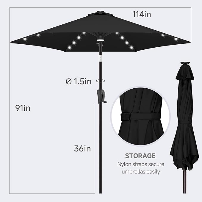 FLAME&SHADE 10ft Solar Outdoor Umbrella - 24 LED Lighted Patio Umbrella with Centre Surround Light, Table Umbrellas with Tilt & Crank for Pool, Porch, Garden, Deck, Backyard UV Protection (Black)
