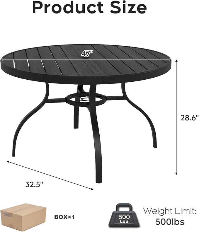 47" Round Wood Patio Table with Umbrella Hole,Outdoor Dining Table with Steel Frame for Patio Garden Deck Dining Room Office