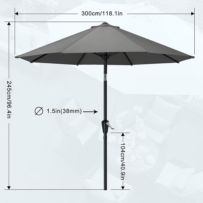 MASTERCANOPY 10FT Patio Umbrella with Push Button Tilt and Crank, Outdoor Market Umbrella with 8 Sturdy Ribs, UV Protection & Waterproof for Garden, Deck, Backyard, Pool (Dark Gray)