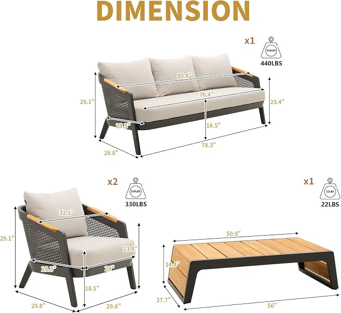 4 Pieces Patio Furniture Set Outdoor Sectional Patio Conversation Sets Aluminum Sofa Set with Teak Coffee Table & Armrests, Grey