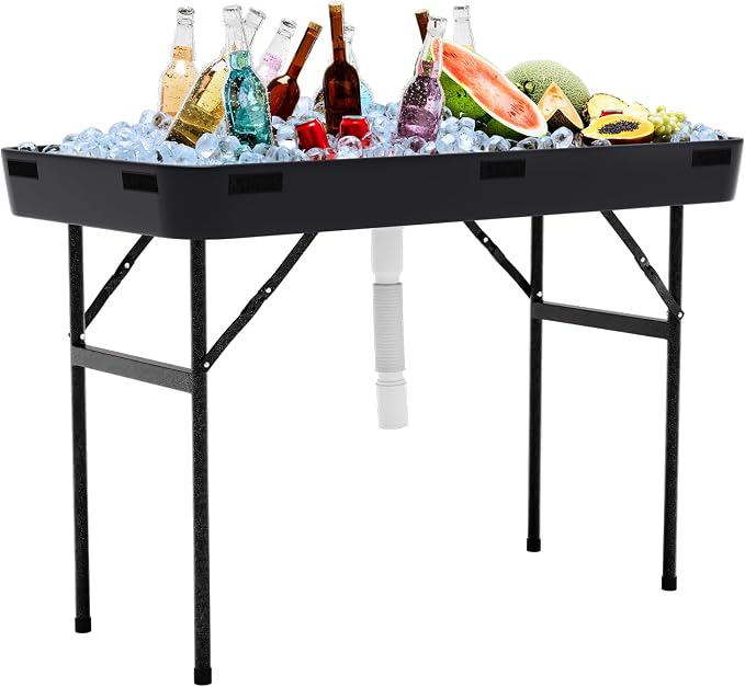 4 Foot Ice Cooler Table, Folding Buffet Cold Food Keeper w/Removable Matching Skirt & Drain Plug, Portable Patio Outdoor Chilling Table, Cooler Server for Party, Picnic, Camping, Wedding, BBQ