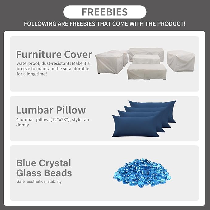 Rattaner Patio Furniture Set with 45-Inch Fire Pit 7-Piece Outdoor Furniture Sets Patio Couch Outdoor Chairs 60000 BTU Propane Fire Pit Table Non-Slip Cushions and Waterproof Covers, Navy Blue