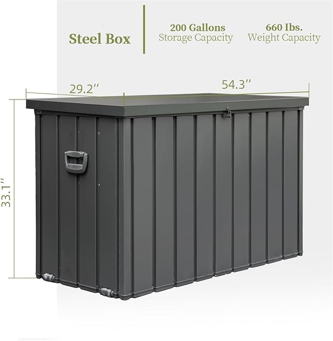 ChicFurnit Outdoor Storage Box, 200 Gallon Deck Box with Lockable Metal Lid & Portable Side Handles, Outdoor Storage Bin with Stable Support Rod, Soft Close Mechanism & Mobility Rollers, Dark Gray