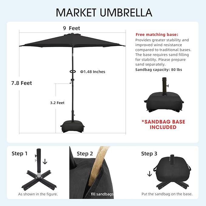 wikiwiki 9FT Patio Umbrella with Base, Outdoor Umbrellas with Base Included, 8 Sturdy Ribs, Waterproof Fade Resistant POLYESTER DTY Canopy for Deck, Lawn, Garden, Backyard & Pool, Black