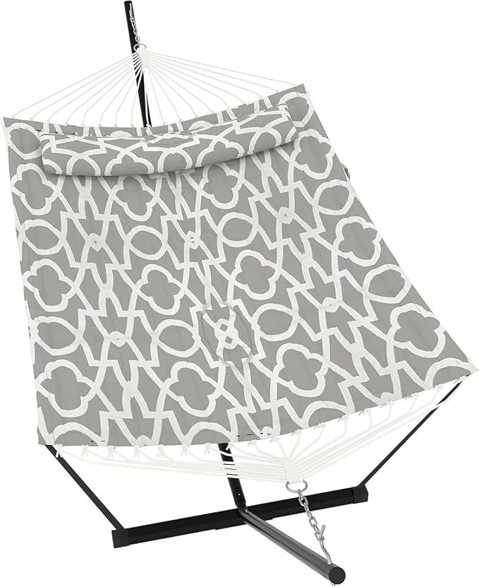 Double Hammock with Stand for 2 Persons,Outdoor Heavy Duty Hammock with Pillow & Balance Rope,450 Lbs Capacity Freestanding Hammock for Patio,Poolside Relaxation, Easy Assembly-Light Gray Pattern