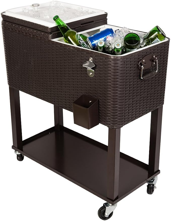 HIO 80 Qt Outdoor Patio Cooler Table On Wheels, with Shelf, Dark Brown Wicker
