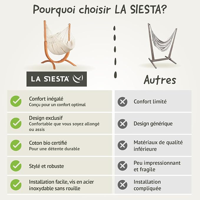 LA SIESTA - Udine Soft Organic Cotton Hammock Chair with Wooden Stand - Handmade, Tear-Resistant - FSC Certified Eucalyptus Stand - Latte
