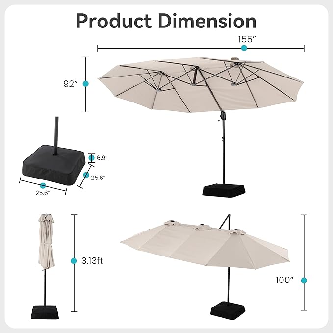 COSIEST 8 * 13FT Cantilever Patio Umbrella with Base,Large Rectangle Offset Umbrella，Heavy Duty Double-Sided Table Market Umbrella for Garden, Pool, Deck Shade, Beige