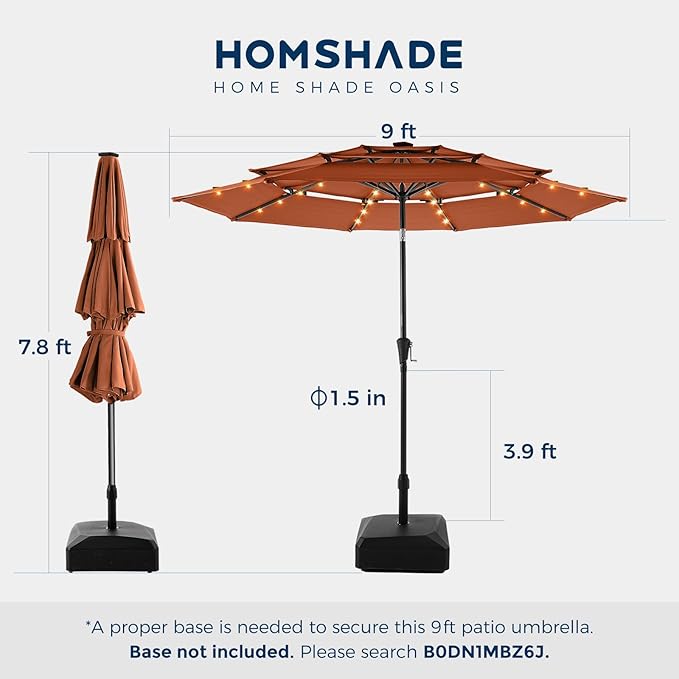 HOMSHADE 9FT 3-Tier Solar Patio Umbrella Heavy Duty,Vented Market Table Umbrella Windproof w/32 LED Lights,UPF50+,5-Year Fade Resistant,8 Thicker Ribs for Pool,Lawn,Garden,Deck (Orange,No Base)