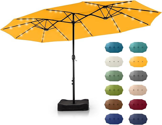 GREEN PARTY 15 ft Large Outdoor Patio Umbrella with Solar Led Lights & Base Included, Double-Sided Rectangular Table Umbrella with Stand, Market Umbrellas for Deck Poolside Garden Backyard, Gold Yellow