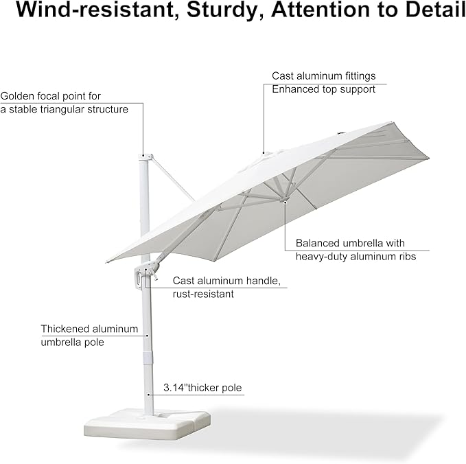 PURPLE LEAF 8 FT Patio Umbrella With Base White Cantilever Umbrella Square Outdoor Offset Umbrella Windproof with 360° Rotation for Garden Deck Pool, White