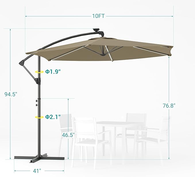 10ft Offset Patio Umbrella with Solar Light Strips,Outdoor Cantilever Hanging Umbrella with Cross Base, Fade Resistant Recycled Fabric, for Pool, Deck, Garden,Backyard,