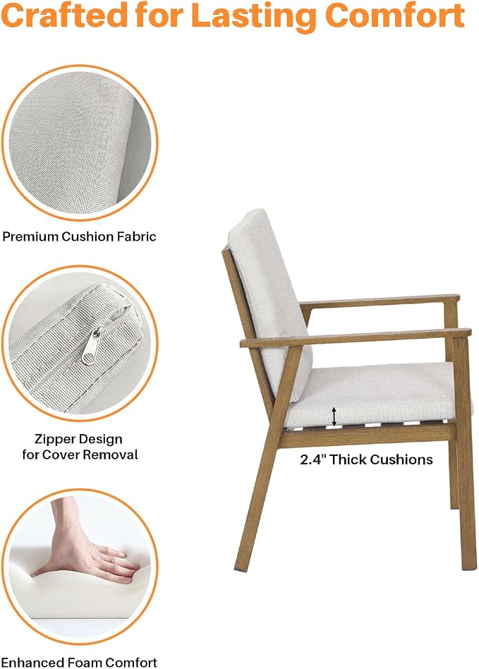 Outdoor Patio Dining Chair Set of 4, Never-Rust Outdoor Aluminum Patio Chairs with Removable Cushions, Patio Dining Furniture Chairs Set for Garden, Backyard, Porch, Lawn, Teak