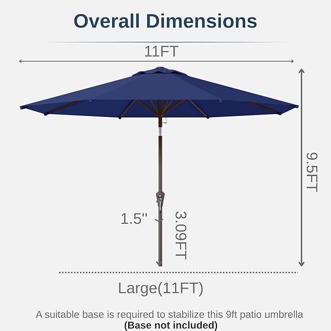 11FT Patio Umbrella, Outdoor Umbrella with with 8 Sturdy Fiberglass Ribs,Market Table Umbrella with Push Button Tilt and Crank,Suit for Backyard,Garden,Pool,Deck(Navy)