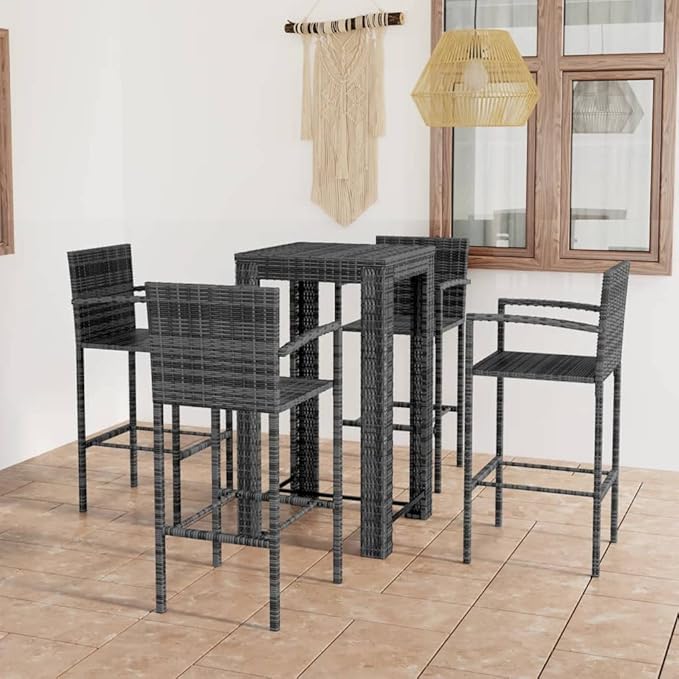 5 Piece Patio Bar Set with Armrest,Garden Table and Chairs Sets,Garden Conversation Sets, Outdoor Patio Furniture,for Patio,Backyard,Garden,Poly Rattan Gray