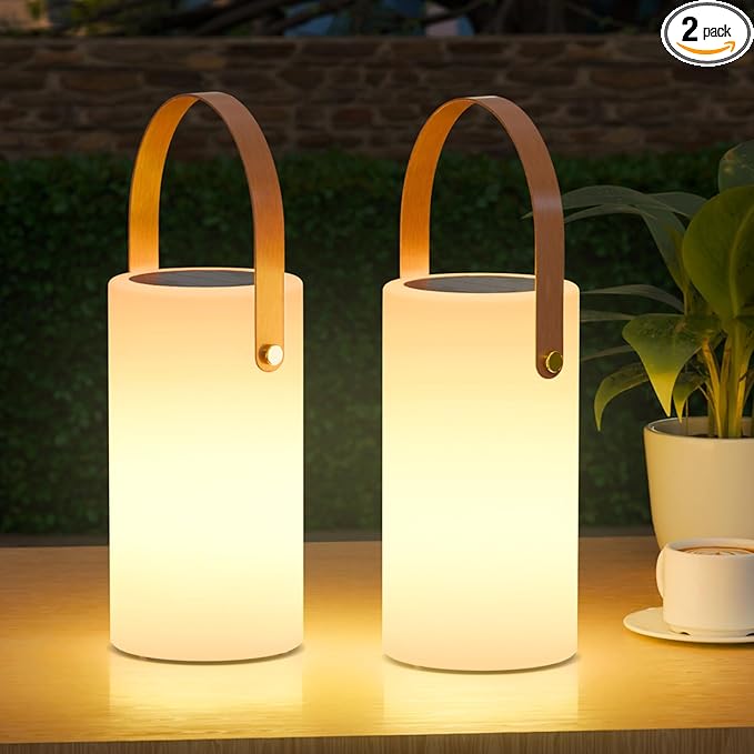 2-Pack Solar Table Lamp Outdoor Water-Resistant LED Portable Solar Lantern Warm RGB Rechargeable Cordless Lights for Patio Deck Camping