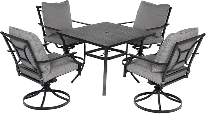 Grand patio 5-Piece Patio Dining Set for 4, E-Coated Outdoor Dining Set Swivel Patio Dining Chairs with Olefin Cushions & 1 Black Square Faux Woodgrain Dining Table with 1.5”Market Umbrella Hole