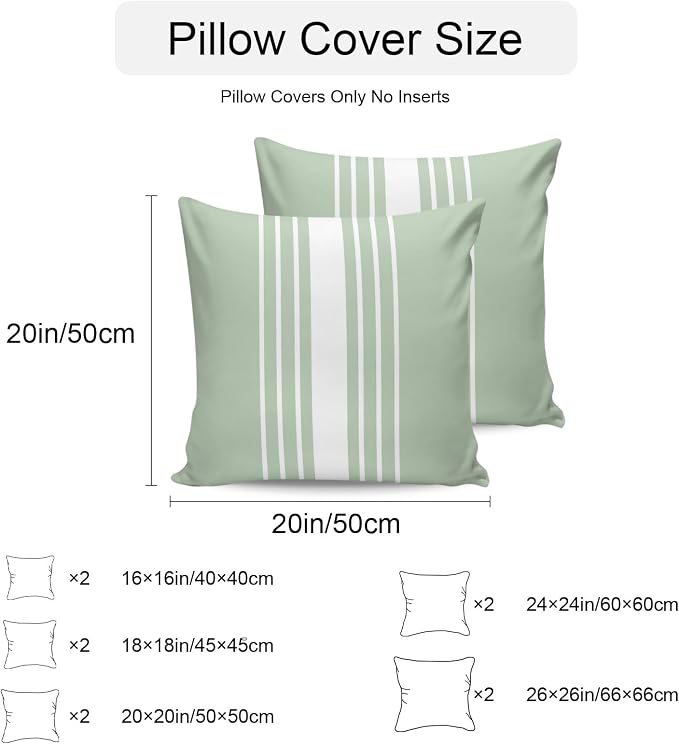 Sage Green White Stripe Outdoor Pillow Covers 26x26 Inch Throw Pillow Covers Set of 2 Waterproof Decorative Pillow Cases Modern Rustic Vertical Striped Cushion Covers for Patio Furniture Garden Couch