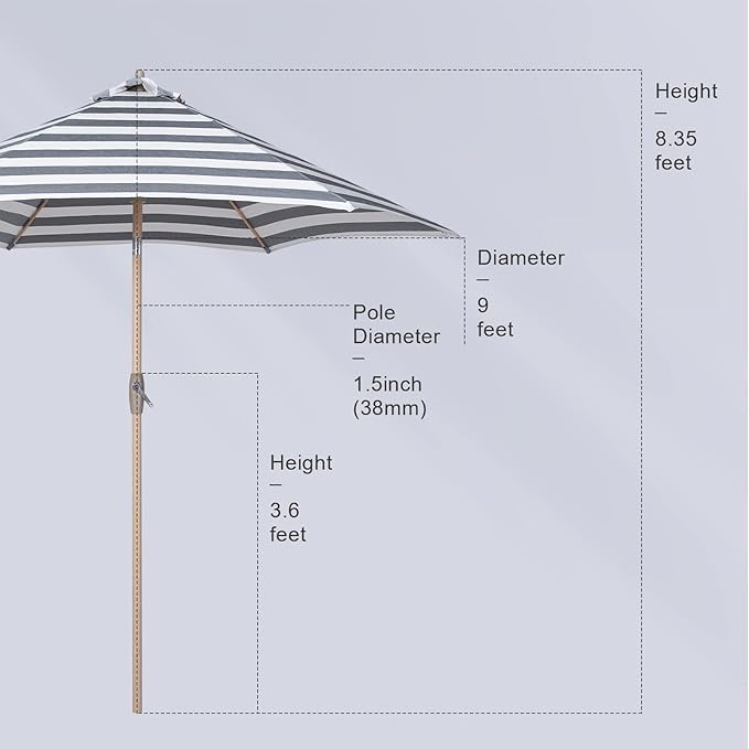 Tempera Striped Patio Umbrellas Outdoor Table Market Umbrellas with Crank & Pust Button Tilt|Auto-Tilt, 8 Steel Ribs, High Color-Fastness Canopy