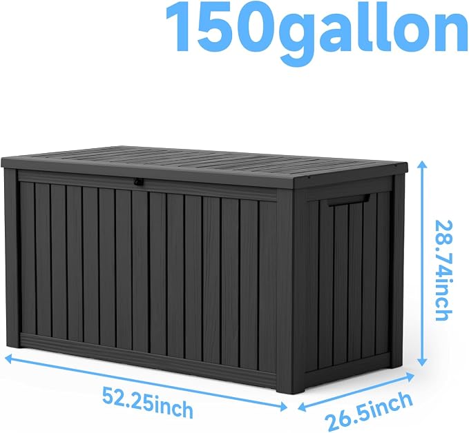 Pepe Tee 150 Gallon Waterproof Resin Deck Box, Outdoor Storage Bin for Patio Furniture Cushions, All-Weather Garden Organizer & Seating Bench, Black