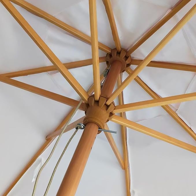 AMMSUN 8.2ft Vintage Wood Outdoor Umbrella, with a pulley system, UPF 50+, for markets, gardens, porches, courtyards, beach terraces, cafes, taverns, dining tables, pool sides, wedding venues